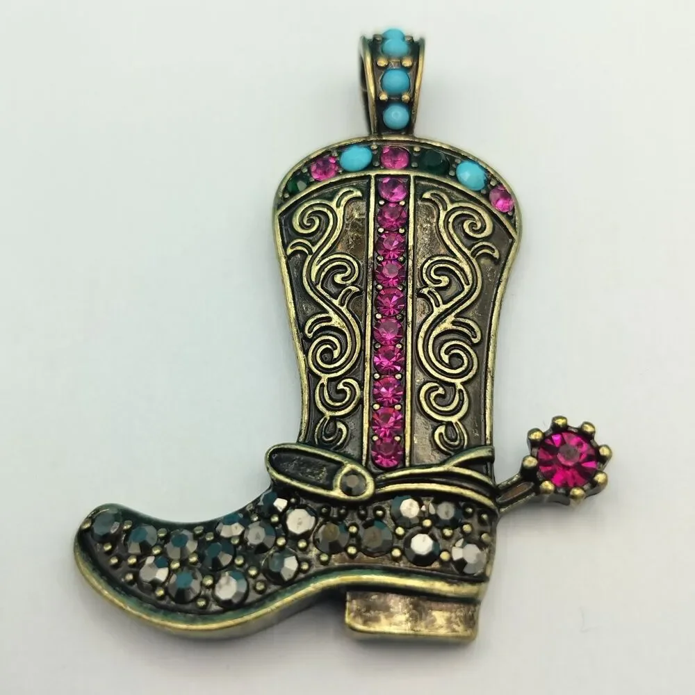 Western Cowboy Boot Pendant Rhinestone Antique Gold Tone Charm 2